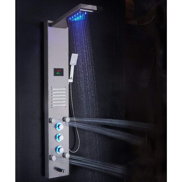53 in. 10-Jet Shower Panel System in Brushed Nickel with LED Rainfall Waterfall Shower Head Handshower and Tub Spout
