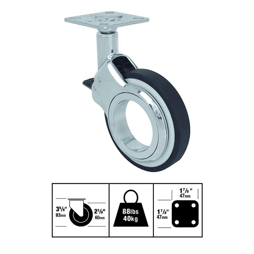 2-3/8 in. Polyurethane Hub-Free Chrome and Black Designer Swivel Caster with Brake and 88 lbs. Load Capacity (4-Pack) - Super Arbor
