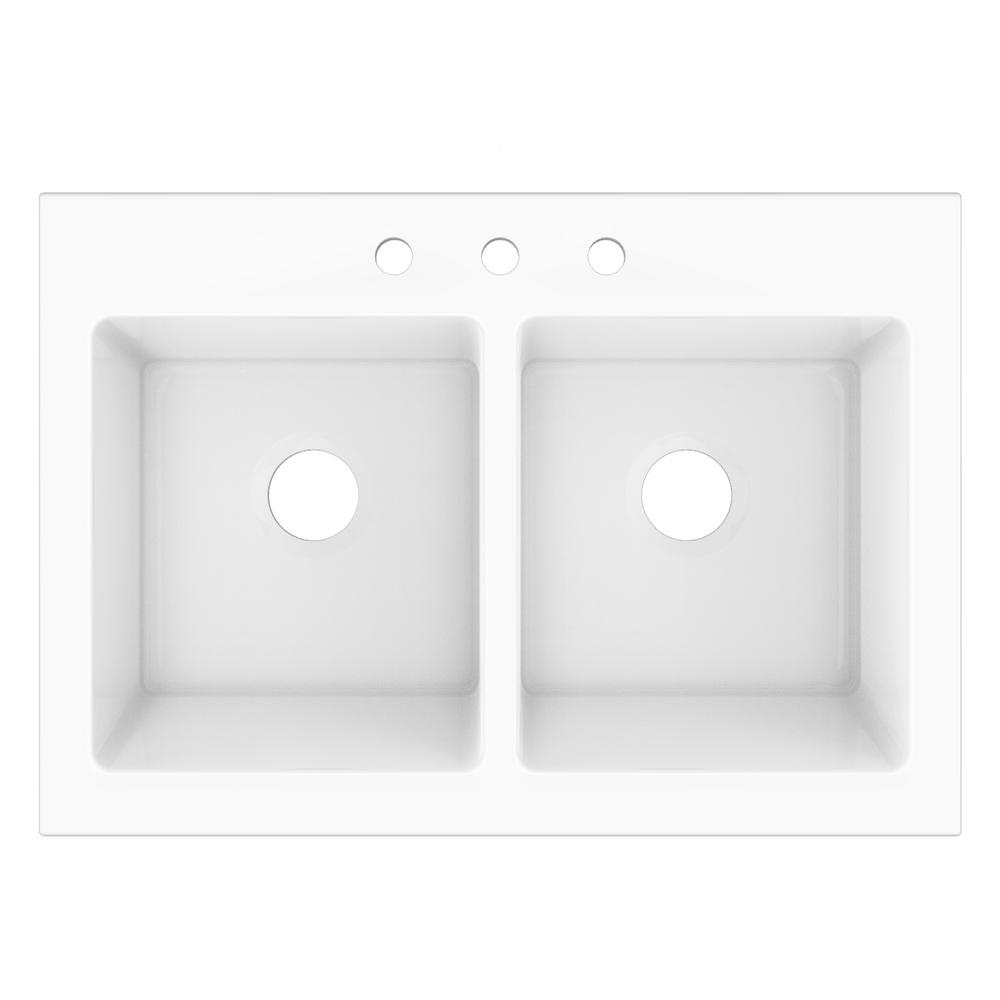 Elevate Quick-Fit Drop-in Farmhouse Fireclay 33.85 in. 3-Hole Double Bowl Kitchen Sink in Crisp White - Super Arbor