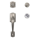 Schlage Custom Camelot Satin Brass Single Cylinder Door Handleset with Hobson Glass Door Knob