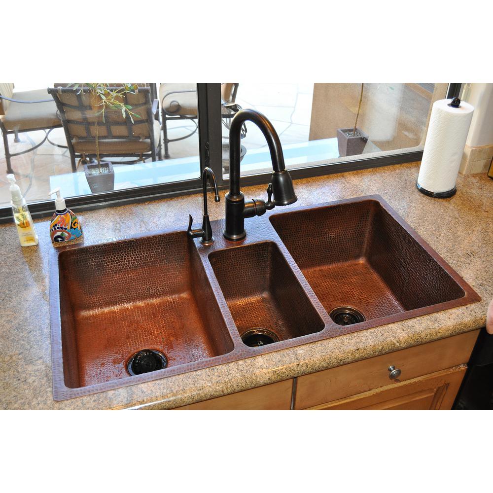 Undermount Hammered Copper 42 in. 0-Hole Triple Bowl Kitchen Sink and Drain in Oil Rubbed Bronze - Super Arbor