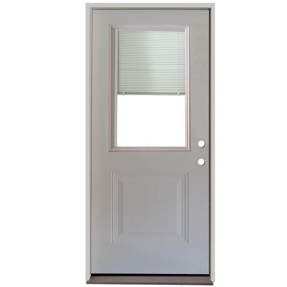 36 in. x 80 in. 1-Panel 1/2 Lite Mini-Blind Primed White Steel Prehung Front Door - Super Arbor