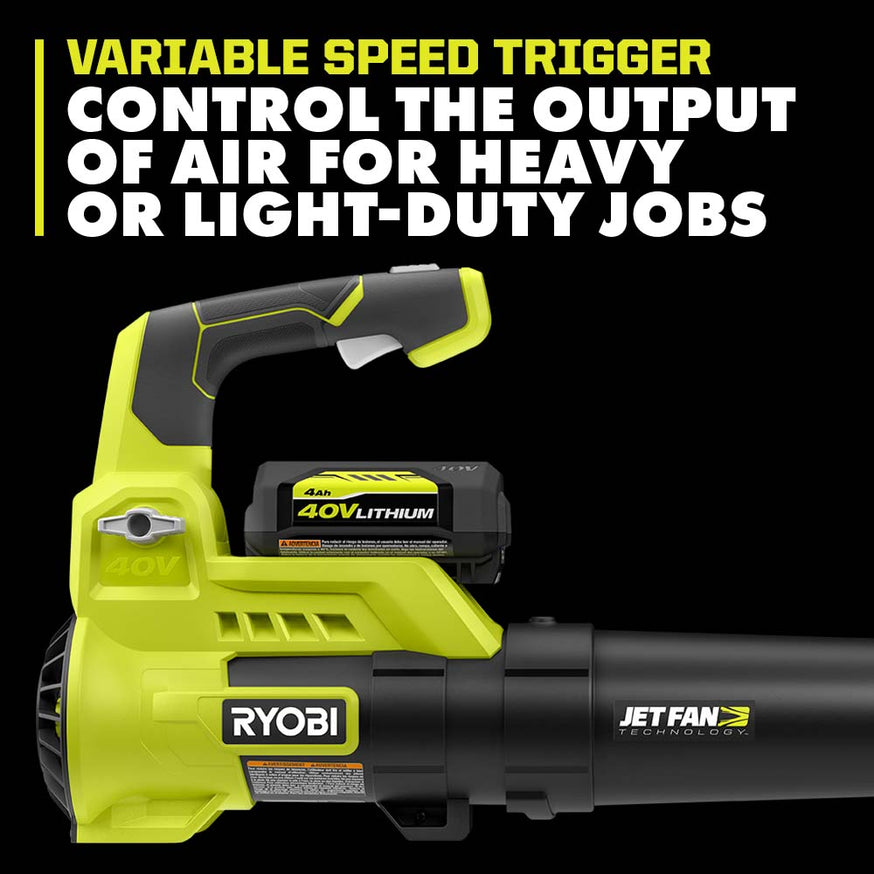 RYOBI 110 MPH 525 CFM 40-Volt Lithium-Ion Cordless Variable-Speed Jet Fan Leaf Blower with Two 4.0 Ah Batteries and Charger