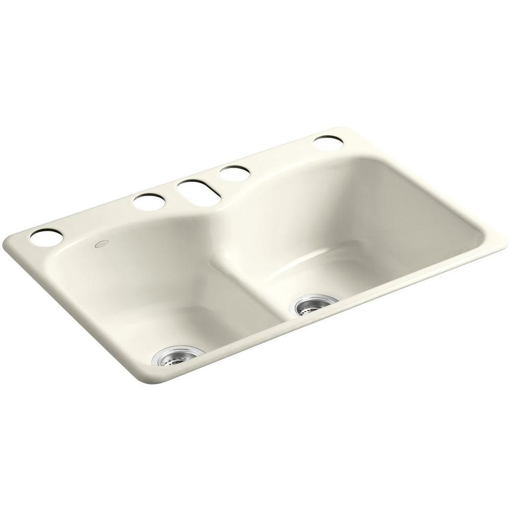 Langlade Smart Divide Undermount Cast Iron 33 in. 6-Hole Double Bowl Kitchen Sink in White - Super Arbor