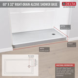 Classic 400 32 in. x 60 in. Single Threshold Right Drain Alcove Shower Base in High Gloss White - Super Arbor