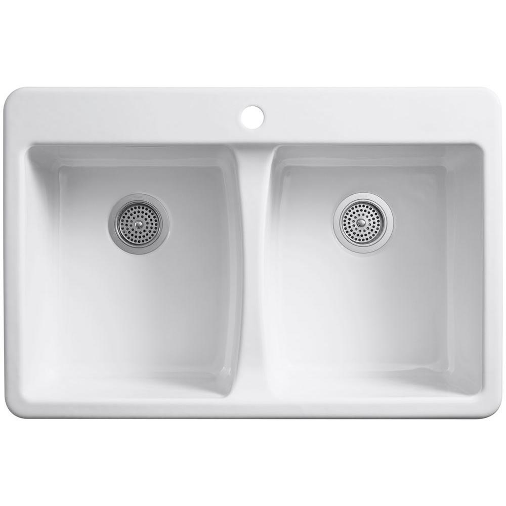 Deerfield Drop-In Cast Iron 33 in. 1-Hole Double Bowl Kitchen Sink in White - Super Arbor