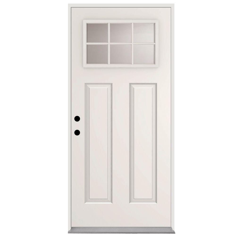 36 in. x 80 in. 6 Lite Left-Hand Outswing Primed White Steel Prehung Front Door with 4 in. Wall - Super Arbor
