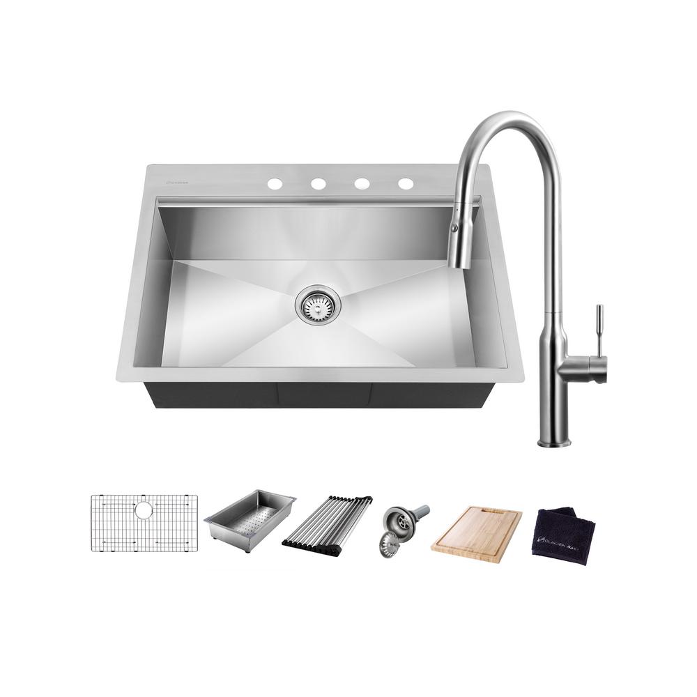 All-in-One Drop-In Stainless Steel 27 in. 4-Hole Single Bowl Kitchen Workstation Sink with Faucet and Accessories - Super Arbor