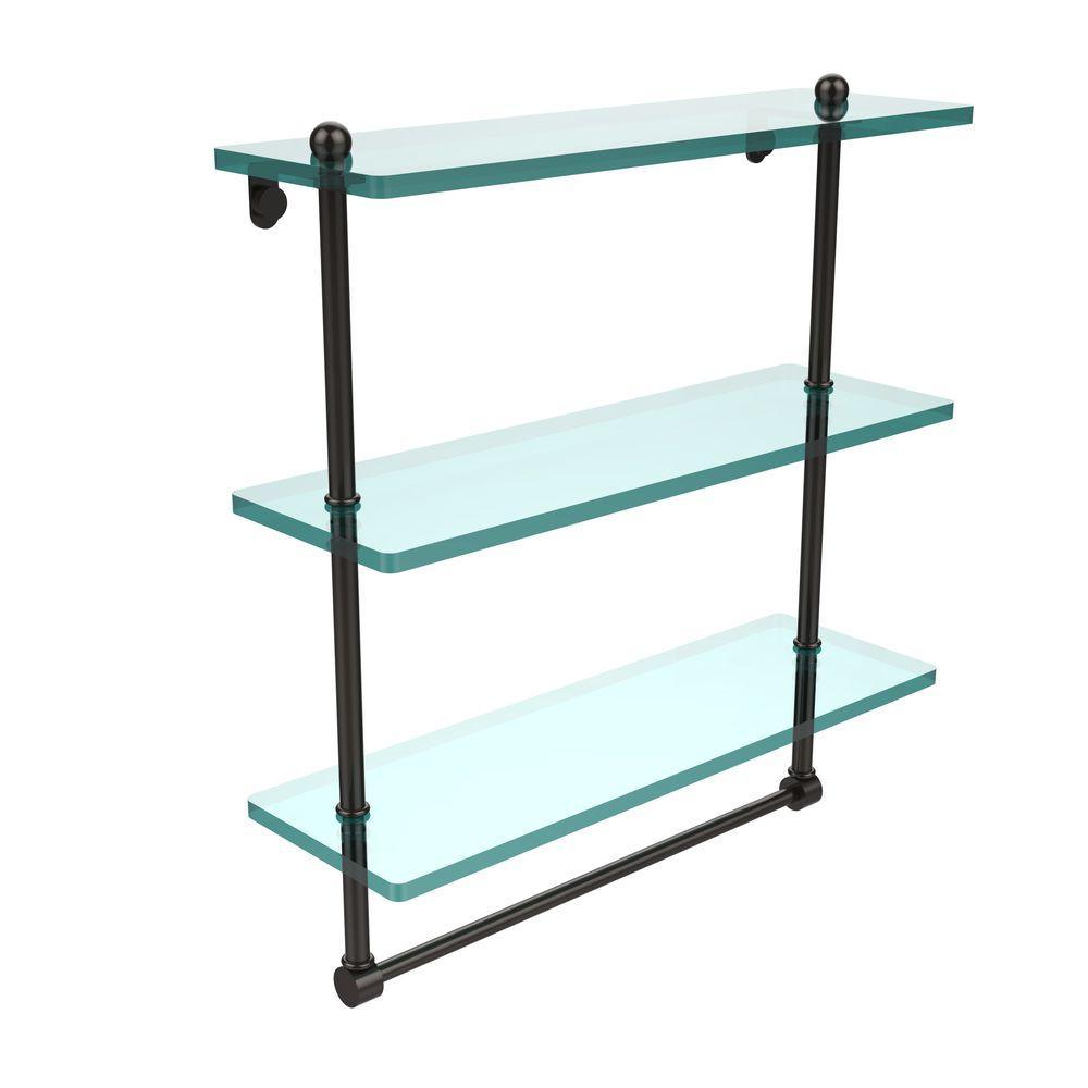 16 in. L  x 18 in. H  x 5 in. W 3-Tier Clear Glass Bathroom Shelf with Towel Bar in Satin Nickel - Super Arbor