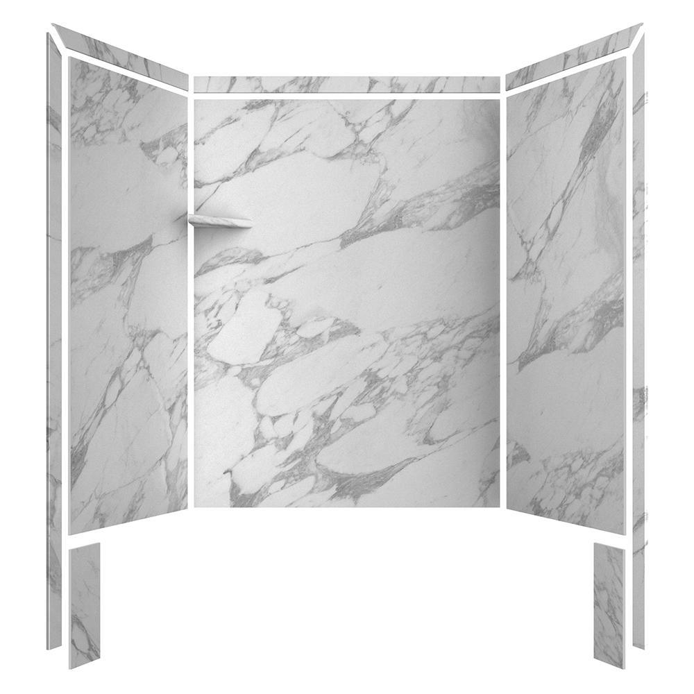 Royale 36 in. x 60 in. x 80 in. 11-Piece Easy Up Adhesive Alcove Bathtub/Shower Wall Surround in Calacatta White - Super Arbor