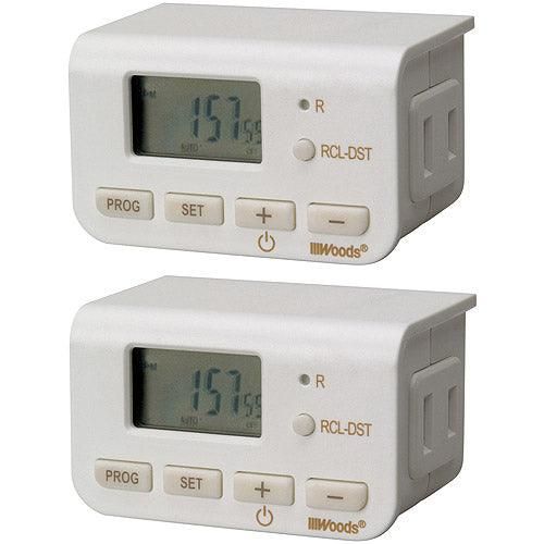 Woods 50007WD Indoor 24-Hour Digital Plug-In Timer, 2 Pack, 1 Polarized Outlet, Ideal For Automating Your Holiday Decorations and Christmas Tree Lights
