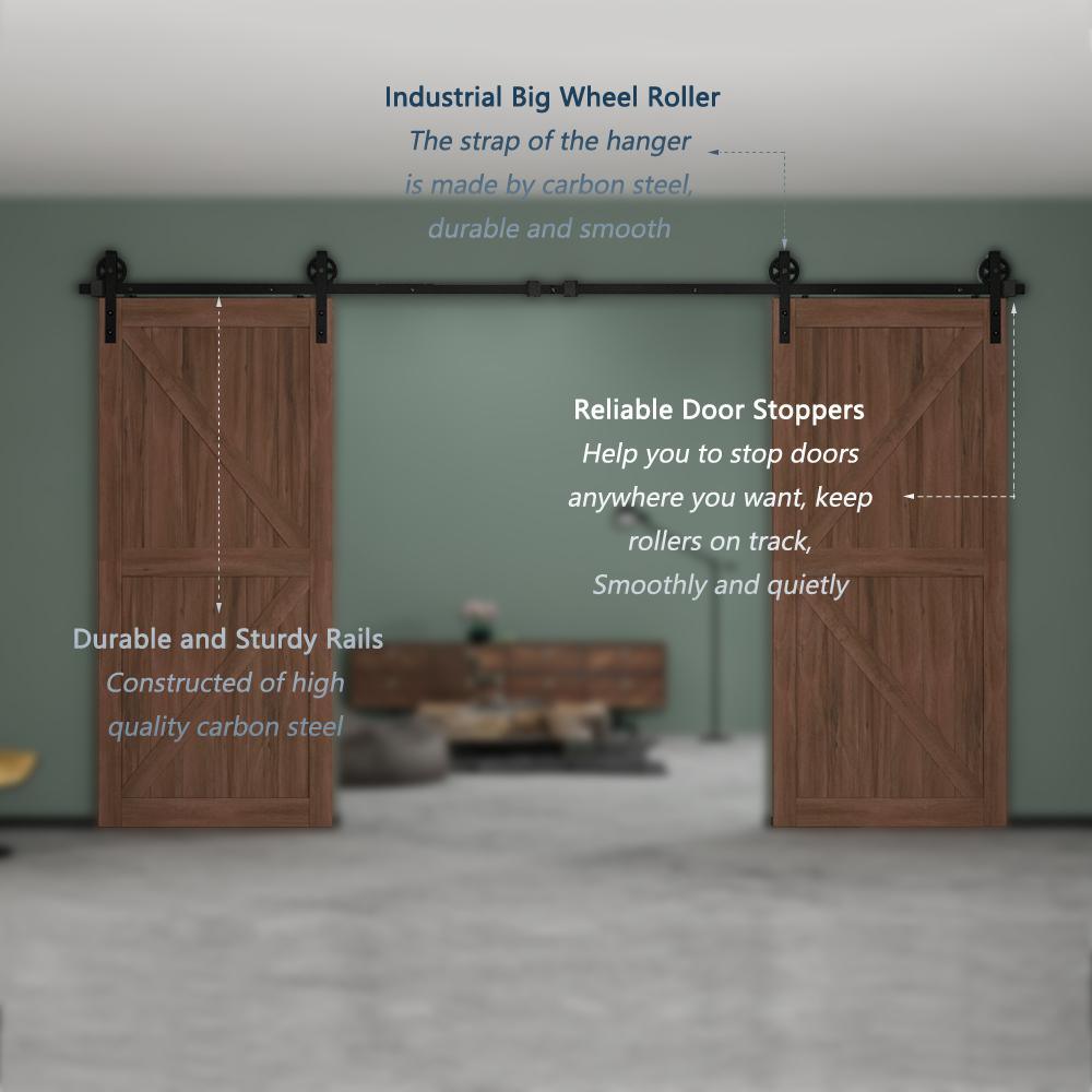 12 ft./144 in. Black Steel Sliding Barn Door Track and Hardware Kit for Double Doors with Floor Guide Bigwheel J Shape) - Super Arbor