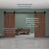 12 ft./144 in. Black Steel Sliding Barn Door Track and Hardware Kit for Double Doors with Floor Guide Bigwheel J Shape) - Super Arbor