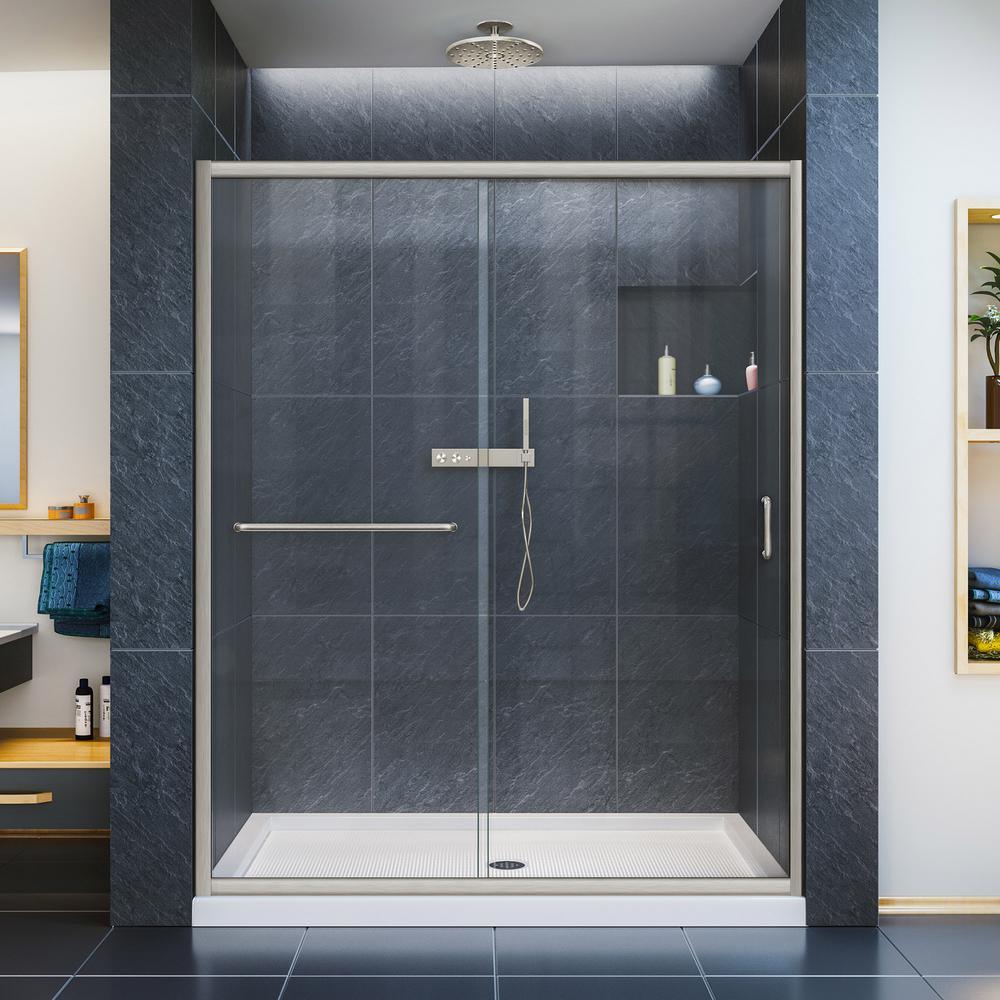 Infinity-Z 56 to 60 in. x 72 in. Semi-Frameless Sliding Shower Door in Brushed Nickel - Super Arbor