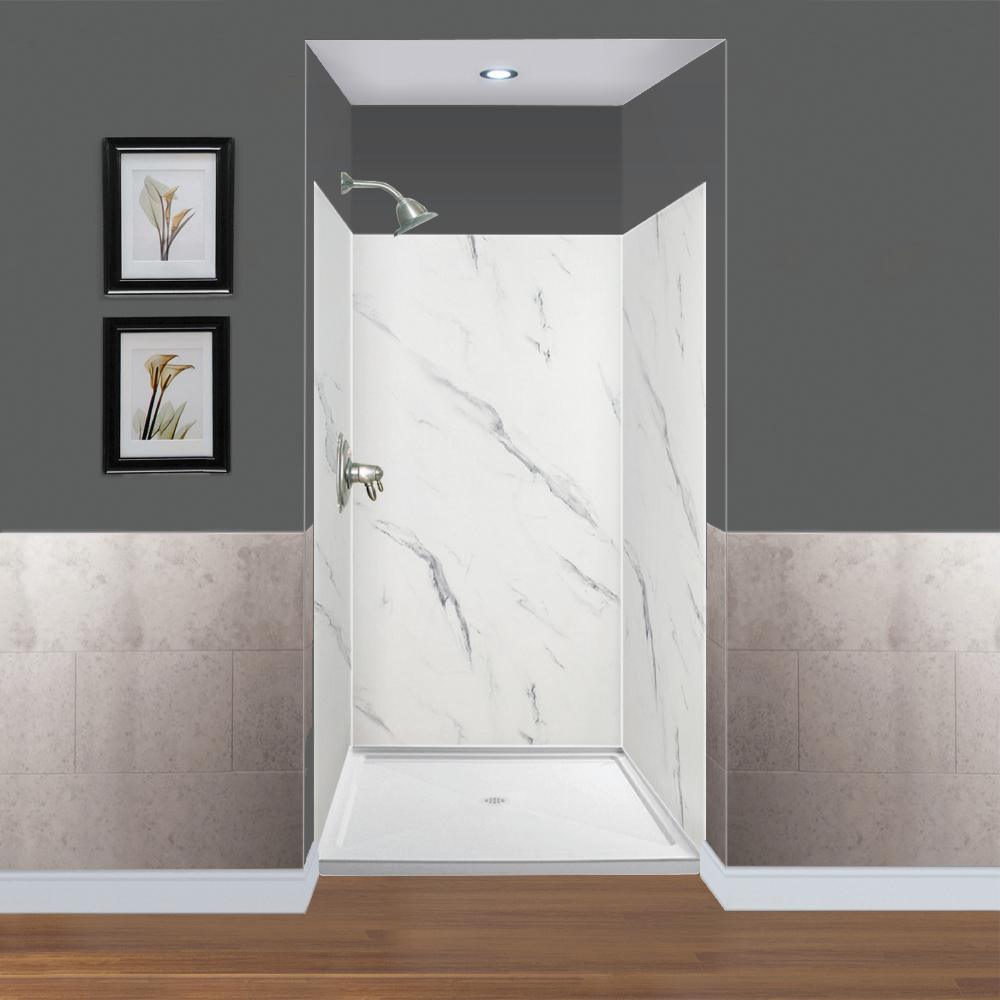 Expressions 48 in. x 48 in. x 96 in. 4-Piece Easy Up Adhesive Alcove Shower Wall Surround in Bianca - Super Arbor