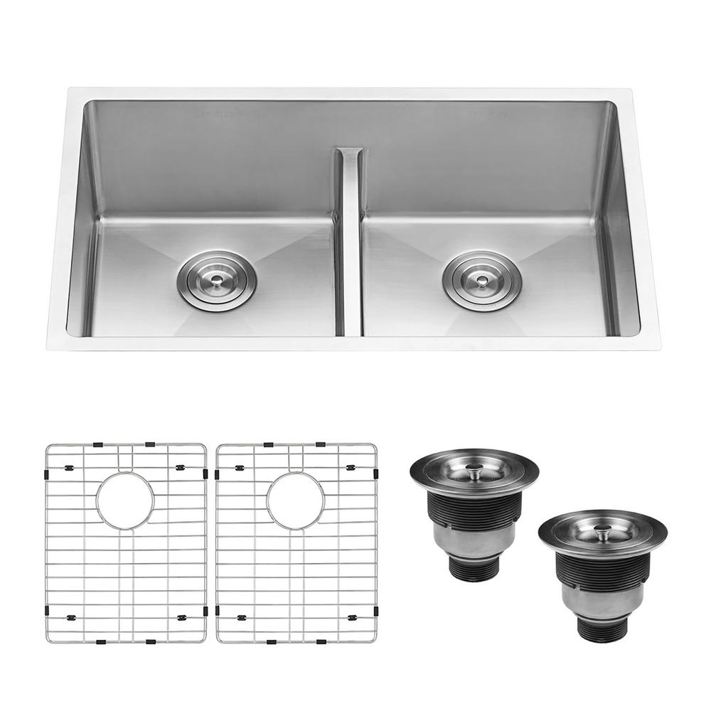 32 in. Low-Divide Double Bowl 50/50 Undermount 16-Gauge Stainless Steel Kitchen Sink - Super Arbor