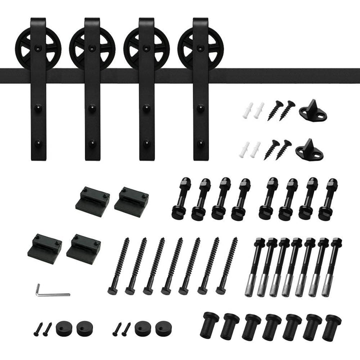 12 ft./144 in. Black Steel Sliding Barn Door Track and Hardware Kit for Double Doors with Floor Guide Bigwheel J Shape) - Super Arbor