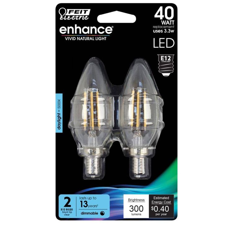 Feit Electric 40-Watt Equivalent CA10 Dimmable Candelabra Clear Glass Vintage Edison LED Light Bulb with Filament Daylight (12-Pack)