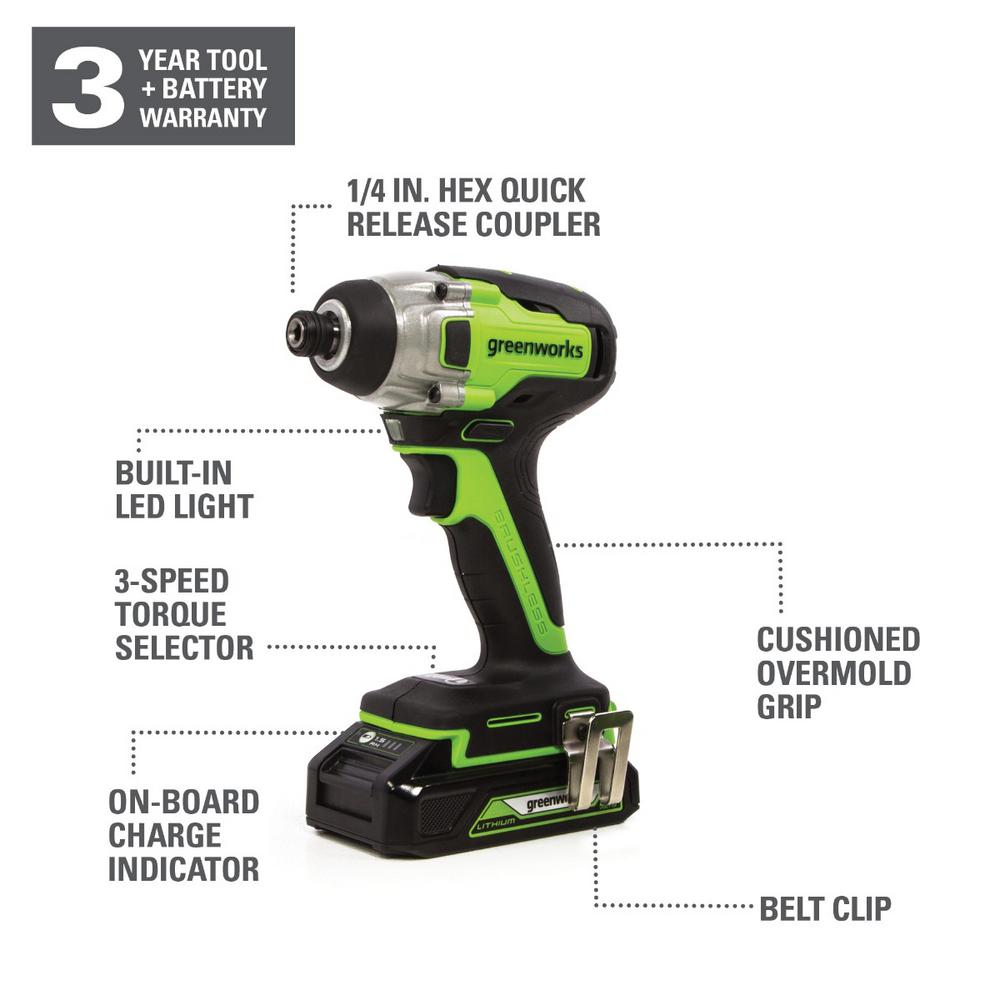 24-Volt Cordless Battery Brushless Impact Driver, 2 Batteries and Charger Included ID24L1520 - Super Arbor