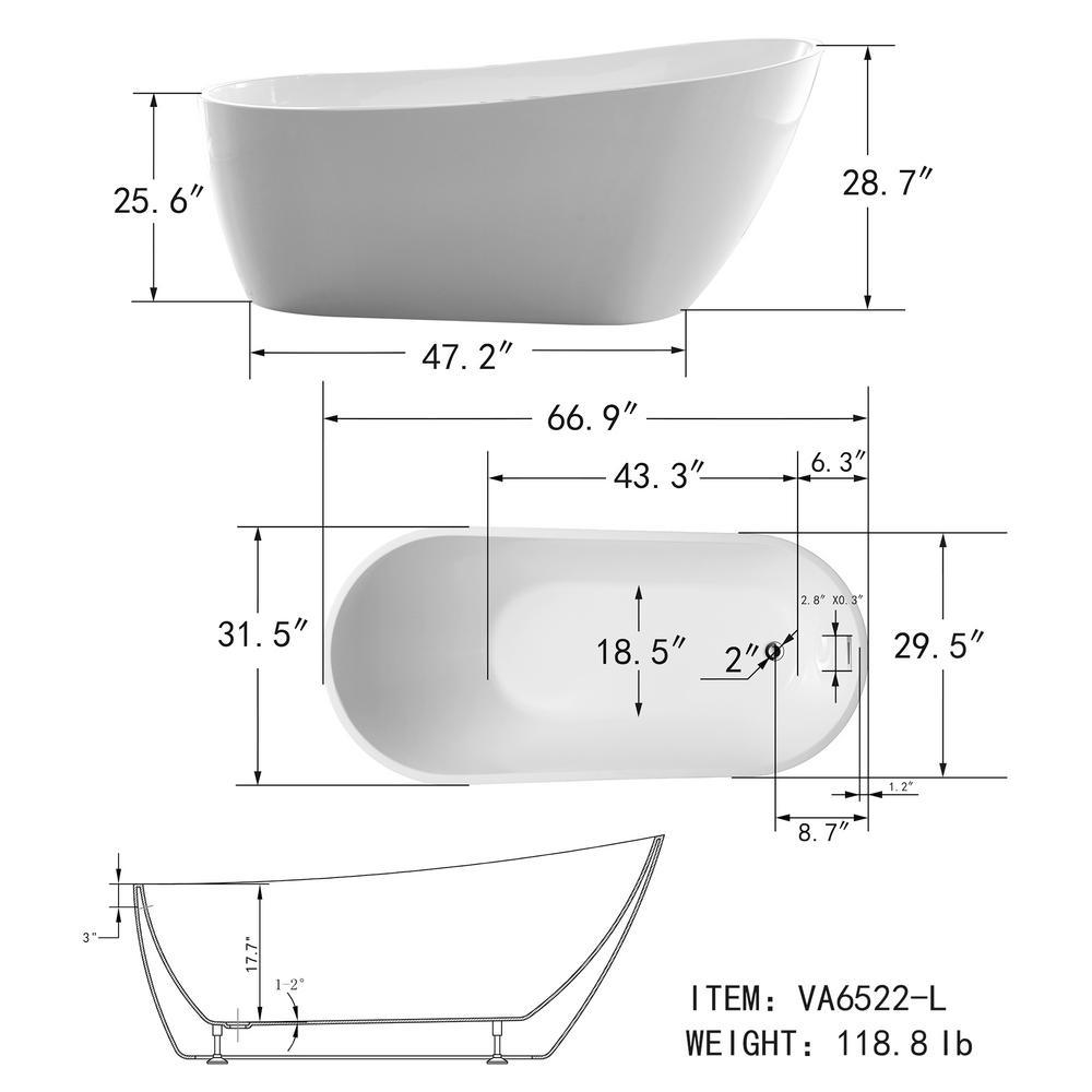 Colombes 67 in. Acrylic Flatbottom Freestanding Bathtub in White - Super Arbor