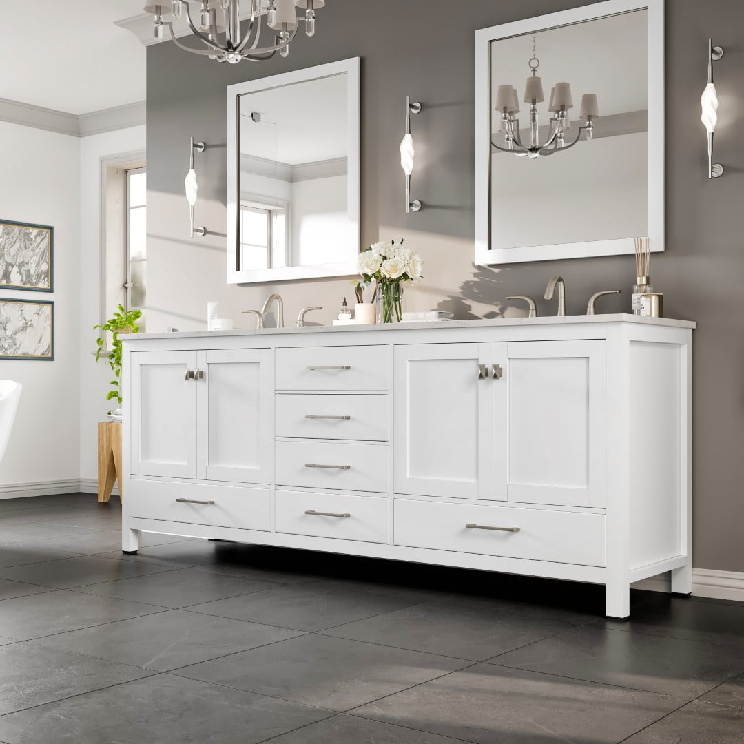 Eviva Frontier 84"W x 22"D White Double Sink Bathroom Vanity with White Carrara Marble Countertop and Undermount Porcelain Sinks