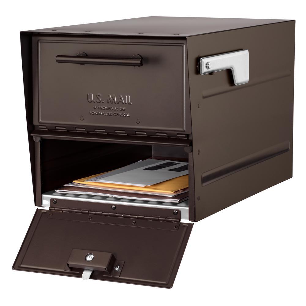 Oasis Eclipse Rubbed Bronze Post Mount Locking Parcel Mailbox with Silver Flag - Super Arbor