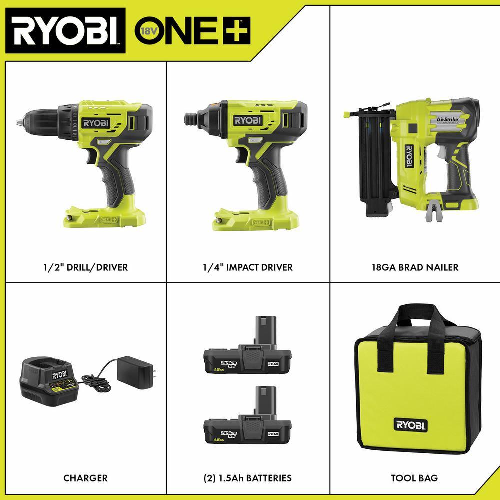 18-Volt ONE+ Lithium-Ion Cordless 3-Tool Combo Kit with Drill/Driver, Impact Driver, AirStrike 18-Gauge Brad Nailer - Super Arbor