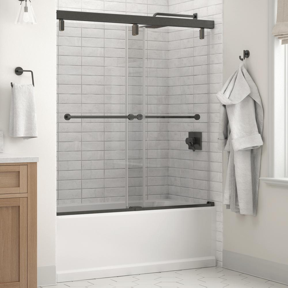 Everly 60 in. x 59-1/4 in. Mod Semi-Frameless Sliding Bathtub Door in Matte Black and 1/4 in. (6mm) Transition Glass - Super Arbor