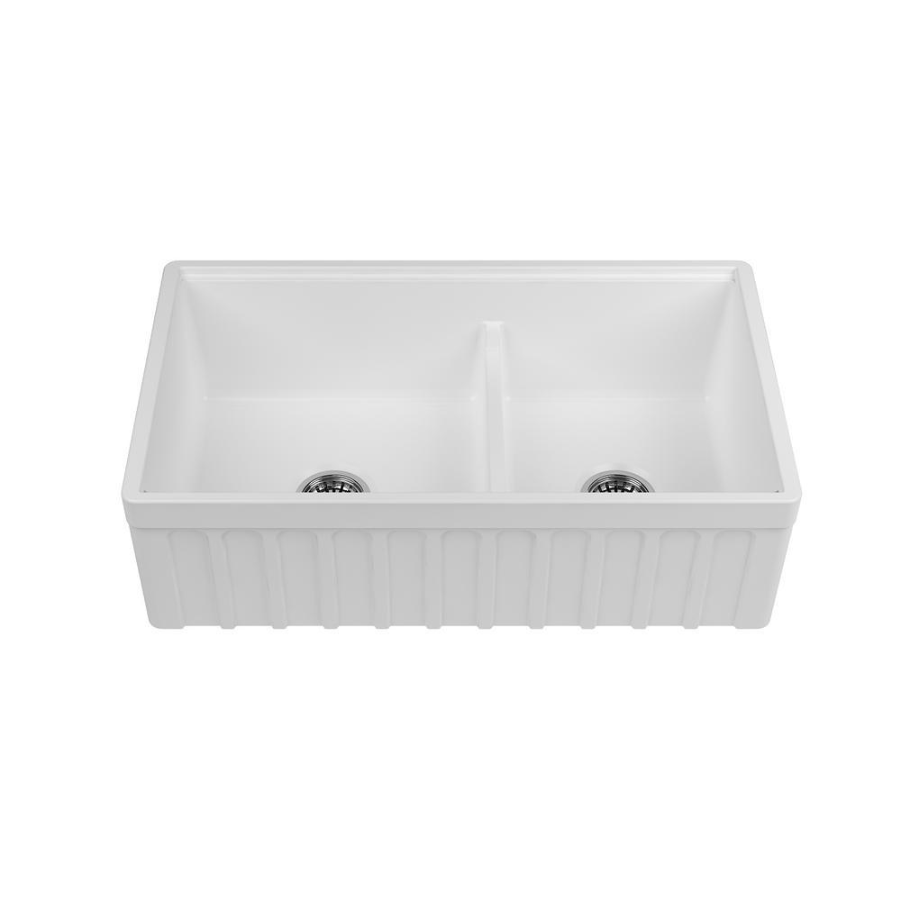Yorkshire Farmhouse Fireclay 33 in. 55/45 Double Bowl Kitchen Sink with Cutting-Board, Grid and Strainer in White - Super Arbor