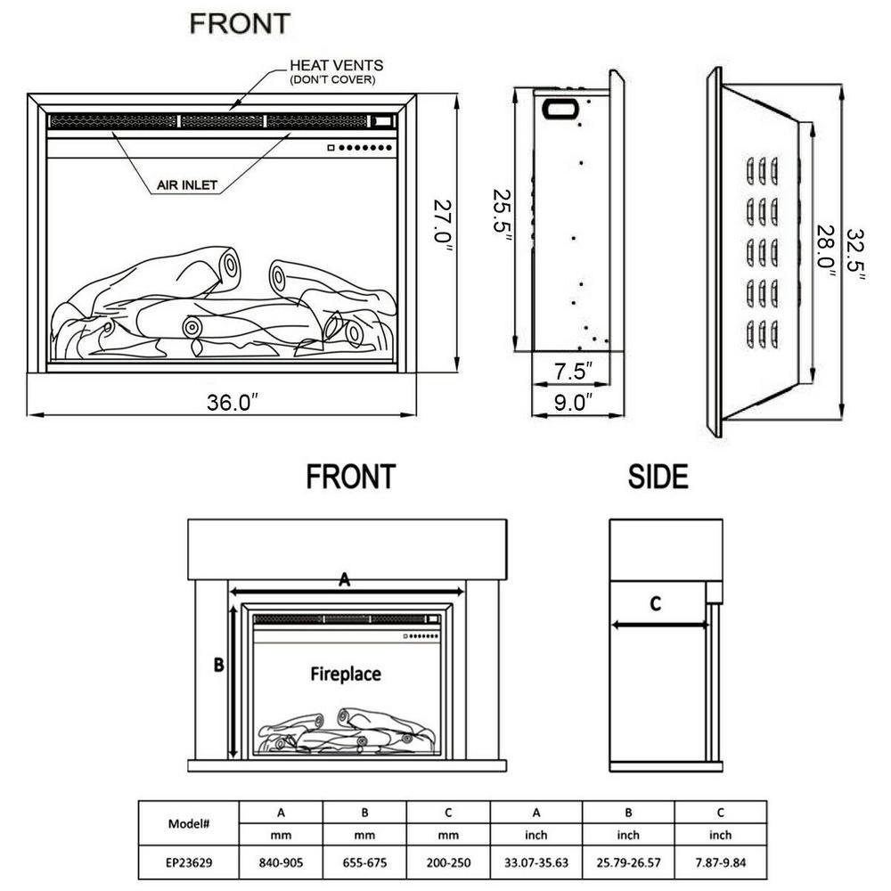 9 in. W x 27 in. H 750-Watt to 1500-Watt Electric Fireplace Insert Freestanding Wall Mounted Stove Heater Touch in Black - Super Arbor