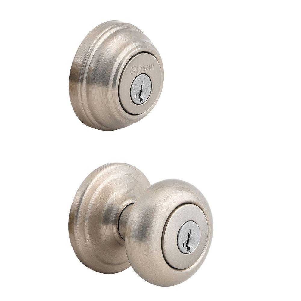 Juno Satin Nickel Exterior Entry Door Knob and Double Cylinder Deadbolt Combo Pack Featuring SmartKey Security - Super Arbor