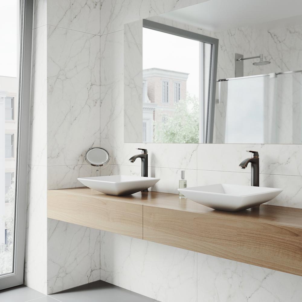 Hibiscus White Matte Stone Vessel Bathroom Sink and Linus Bathroom Vessel Faucet in Antique Rubbed Bronze w/ Pop up - Super Arbor