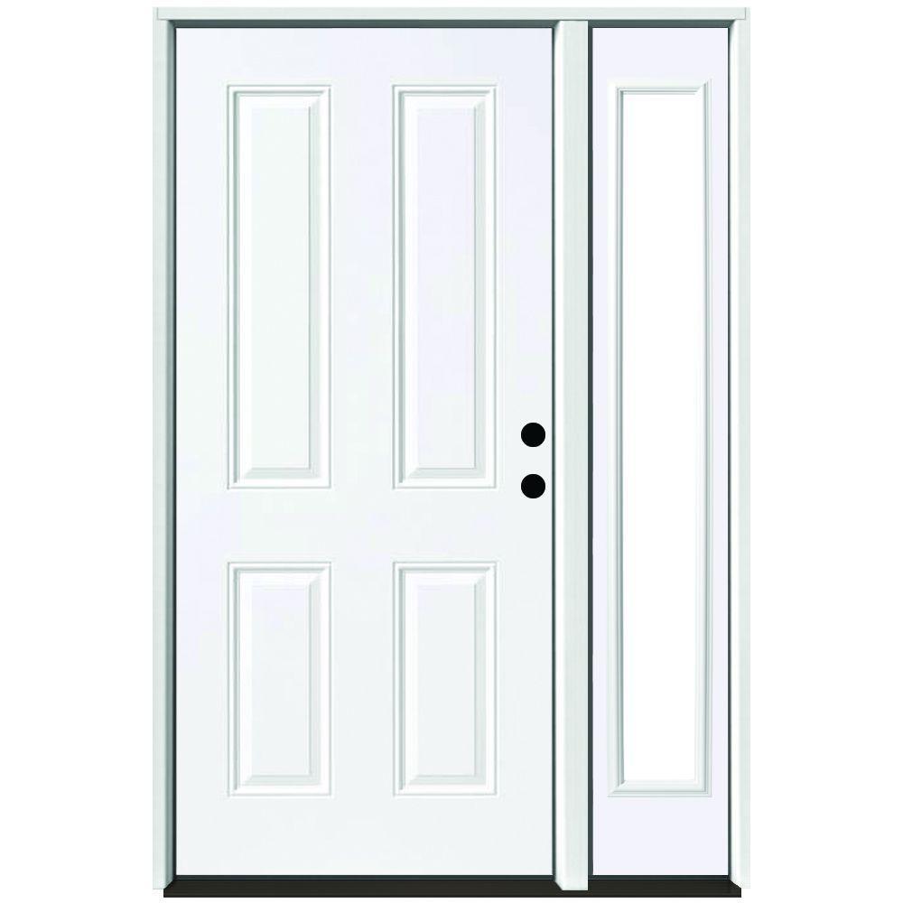 51 in. x 80 in. 4-Panel Primed White Right-Hand Steel Prehung Front Door with 12 in. Clear Glass Sidelite 4 in. Wall - Super Arbor