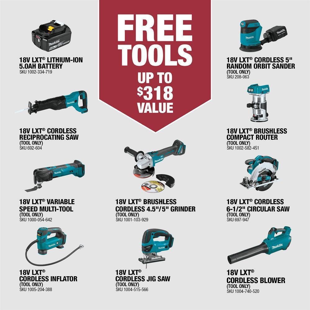 Makita 18V LXT Brushless 2‑Pc Combo Kit (XT268T) 5.0Ah with Bonus 18V LXT 5.0Ah Battery and 18V LXT Brushless Cut‑Off/Angle Grinder