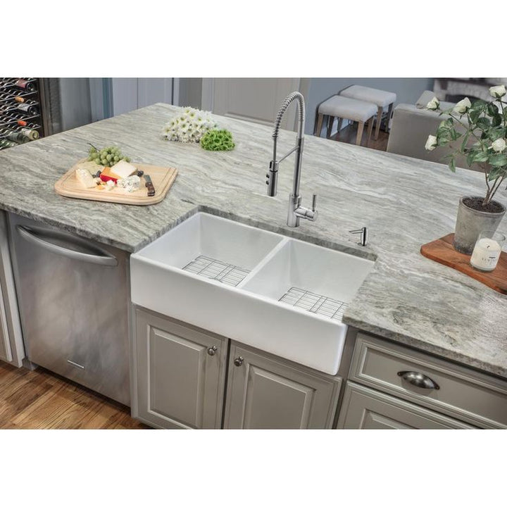 Fireclay 33 in. Double Bowl Apron-Front Farmhouse Kitchen Sink with Grid Set and Drain Assemblies