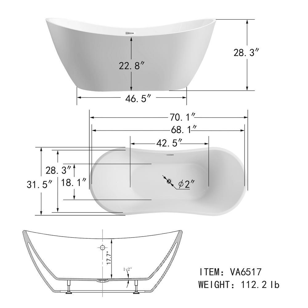 Mulhouse 71 in. Acrylic Flatbottom Freestanding Bathtub in White - Super Arbor