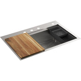Lyric Dual Mount Workstation Stainless Steel 33 in 4-Hole Single Bowl Kitchen Sink with Integrated Ledge and Accessories - Super Arbor