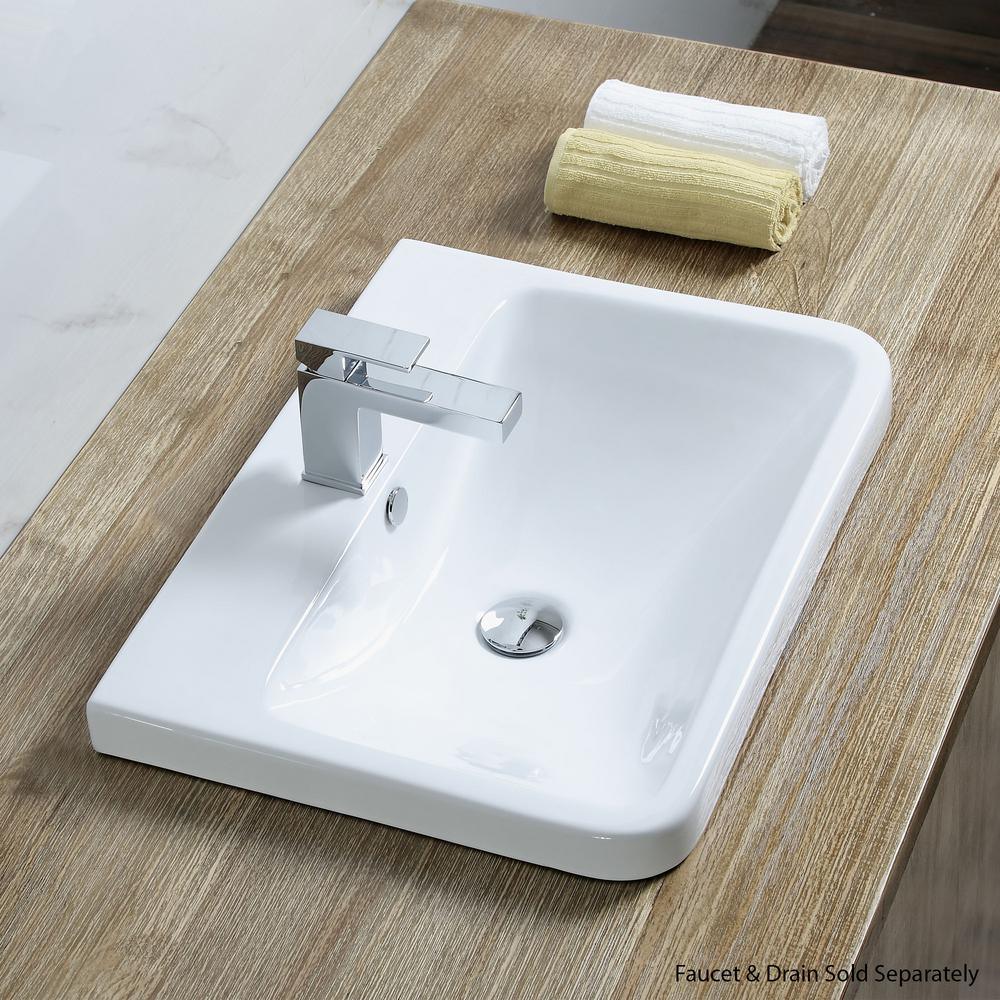 Rectangular 24 in. Drop-In Ceramic Bathroom Sink in White - Super Arbor