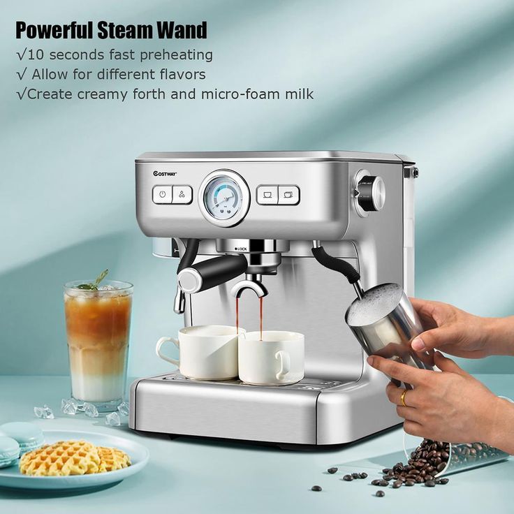 2-Cup Stainless Steel Semi-Auto Espresso Machine Maker with Milk Frother Wand