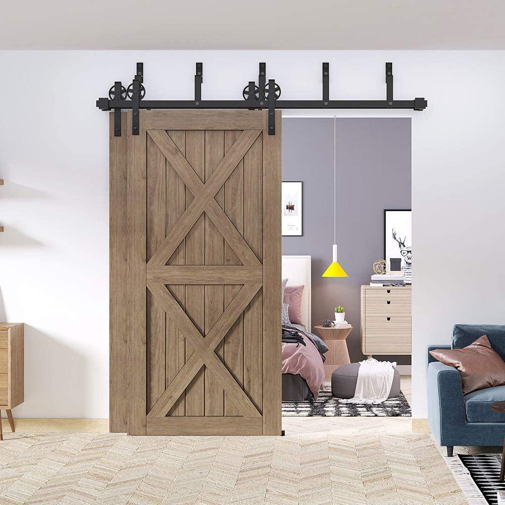 9 ft./108 in. Black Sliding Bypass Barn Door Hardware Track Kit for Double Doors with Non-Routed Floor Guide - Super Arbor