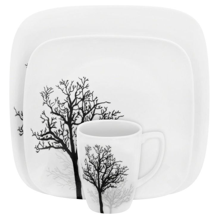Square 16-Piece Seasonal Black Trees Glass Dinnerware Set (Service for 4)