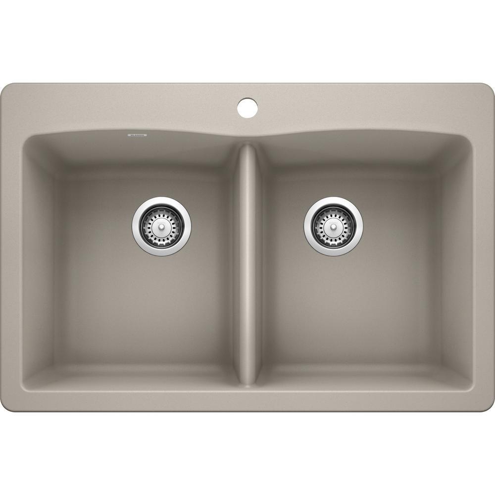 DIAMOND Dual Mount Granite Composite 33 in. 1-Hole 50/50 Double Bowl Kitchen Sink in White - Super Arbor