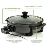 12 In. Black Non Stick Electric Skillet Aluminum Body and Tempered Glass Lid, Removable Temperature Knob