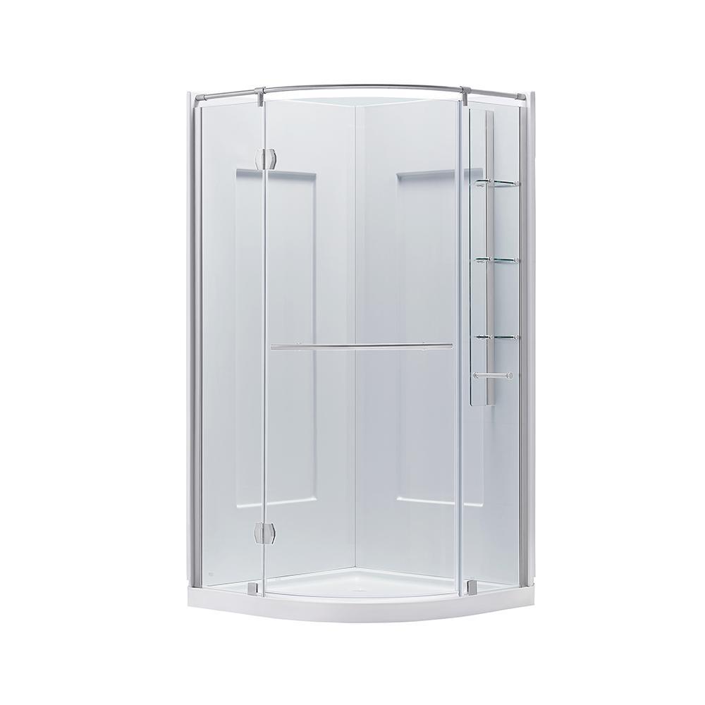 Glamour 38 in. x 77 in. Corner Drain Corner Shower Kit in White and Satin Nickel Hardware - Super Arbor