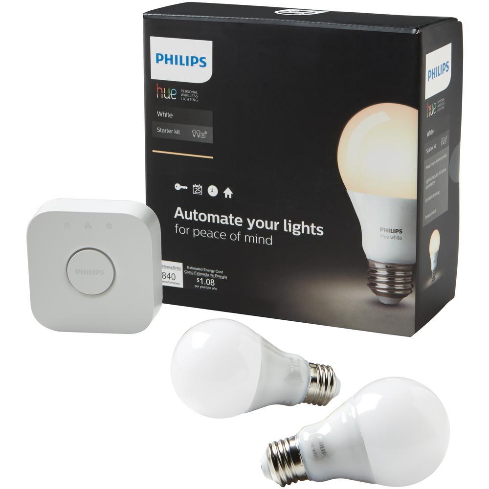 White A19 LED 60W Equivalent Dimmable Smart Wireless Lighting Starter Kit (2 Bulbs and Bridge)
