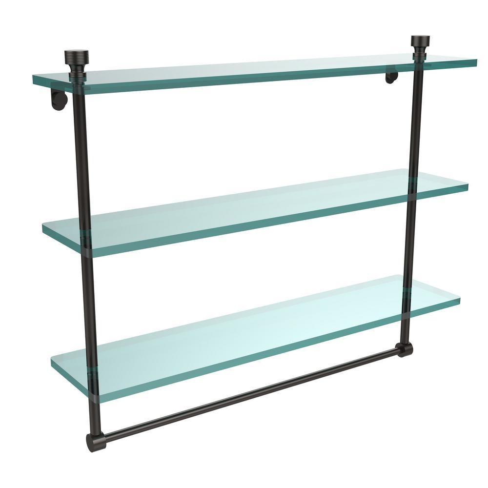 Foxtrot 22 in. L  x 18 in. H  x 5 in. W 3-Tier Clear Glass Bathroom Shelf with Towel Bar in Satin Nickel - Super Arbor