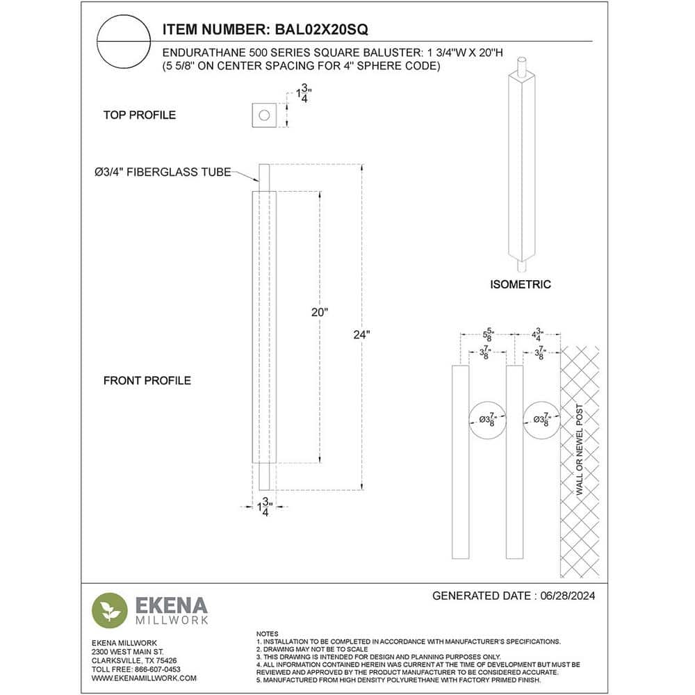 Ekena Millwork Endurathane 500 Series 20 in. H x 1.75 in. W White Resin Stair Baluster