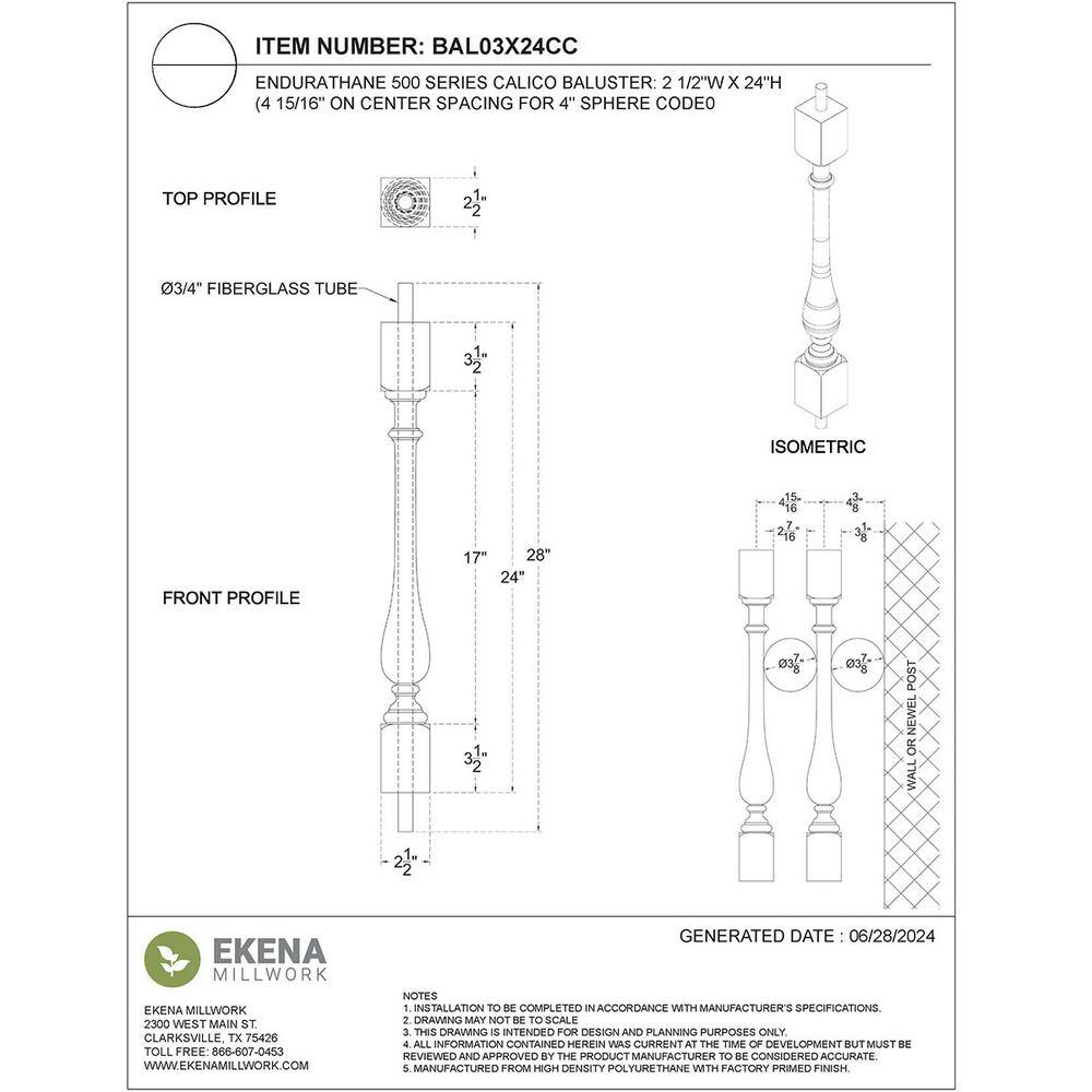 Ekena Millwork Endurathane 500 Series 24 in. H x 2.5 in. W White Resin Stair Baluster