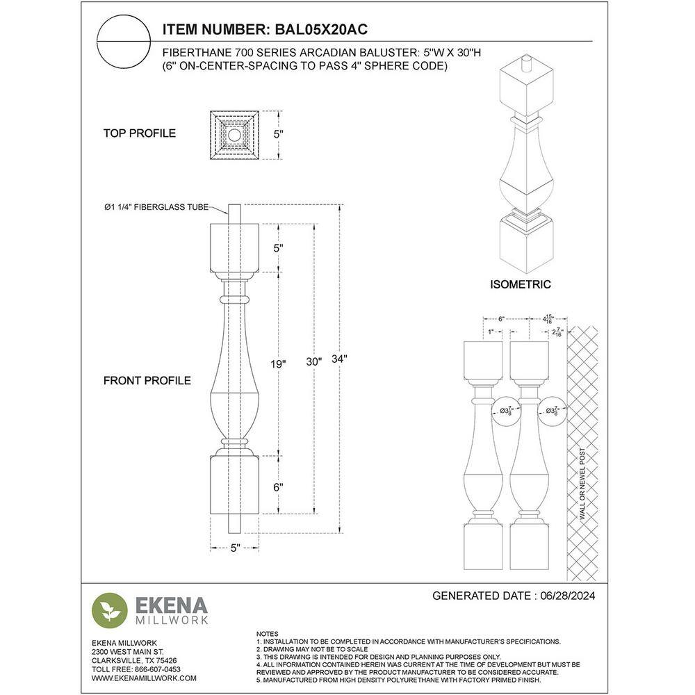 Ekena Millwork Fiberthane 700 Series 30 in. H x 5 in. W White Resin Stair Baluster