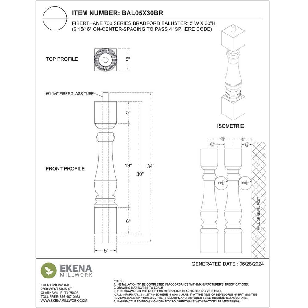 Ekena Millwork Fiberthane 700 Series 30 in. H x 5 in. W White Resin Stair Baluster
